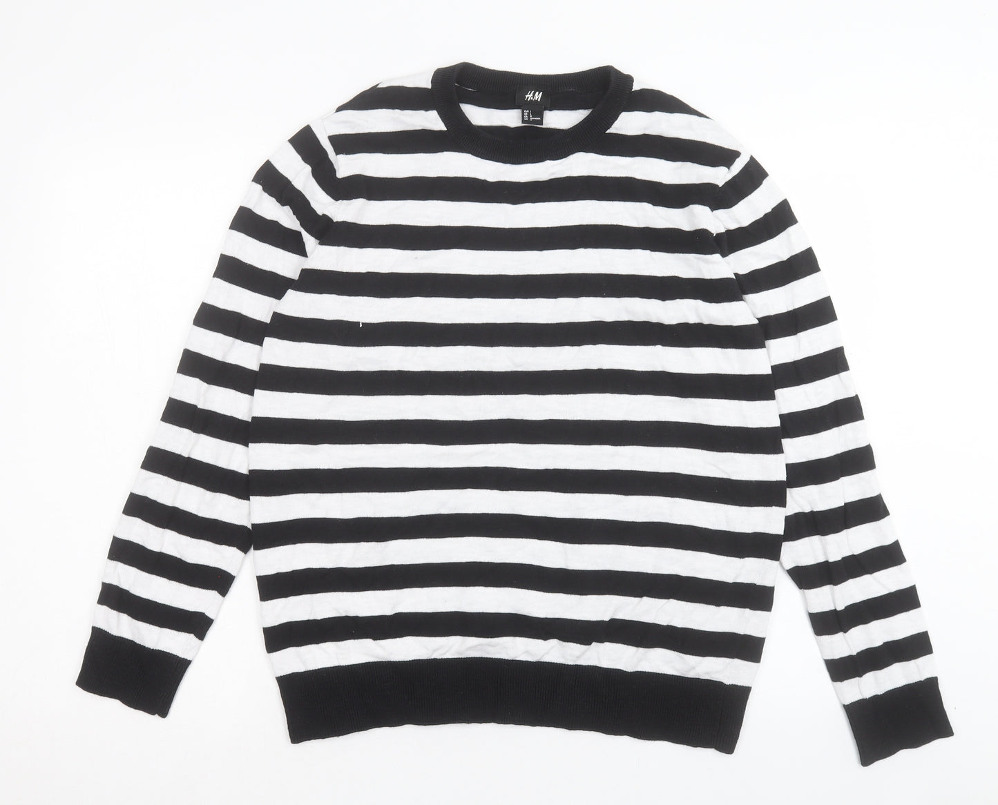 H&M Mens White Crew Neck Striped Cotton Pullover Jumper Size L