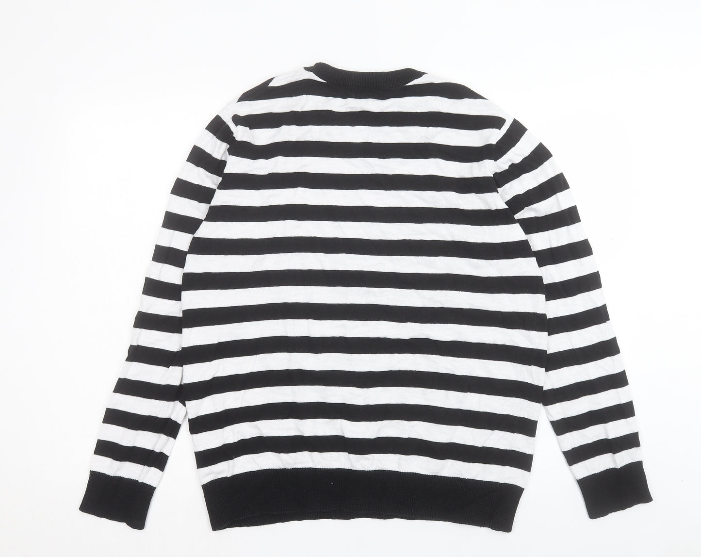 H&M Mens White Crew Neck Striped Cotton Pullover Jumper Size L
