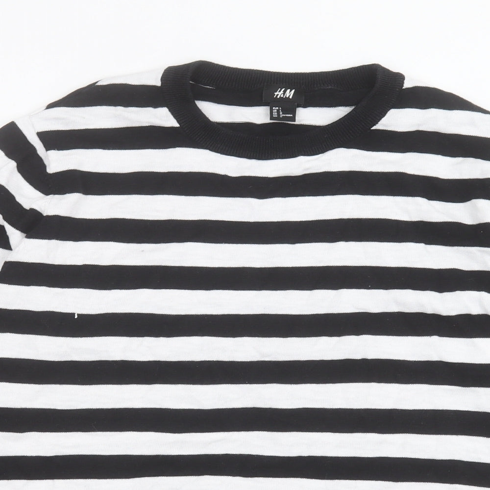 H&M Mens White Crew Neck Striped Cotton Pullover Jumper Size L