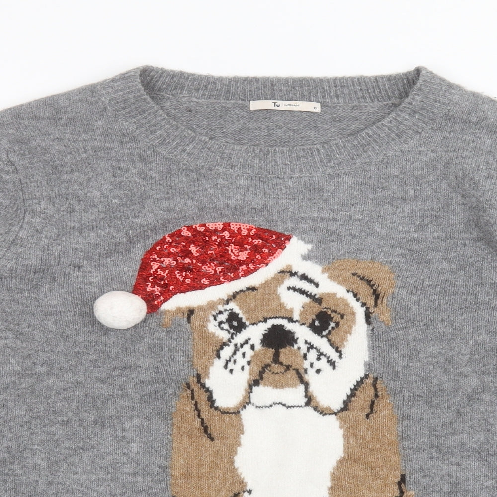 TU Womens Grey Crew Neck Acrylic Pullover Jumper Size 18 - Pug Christmas