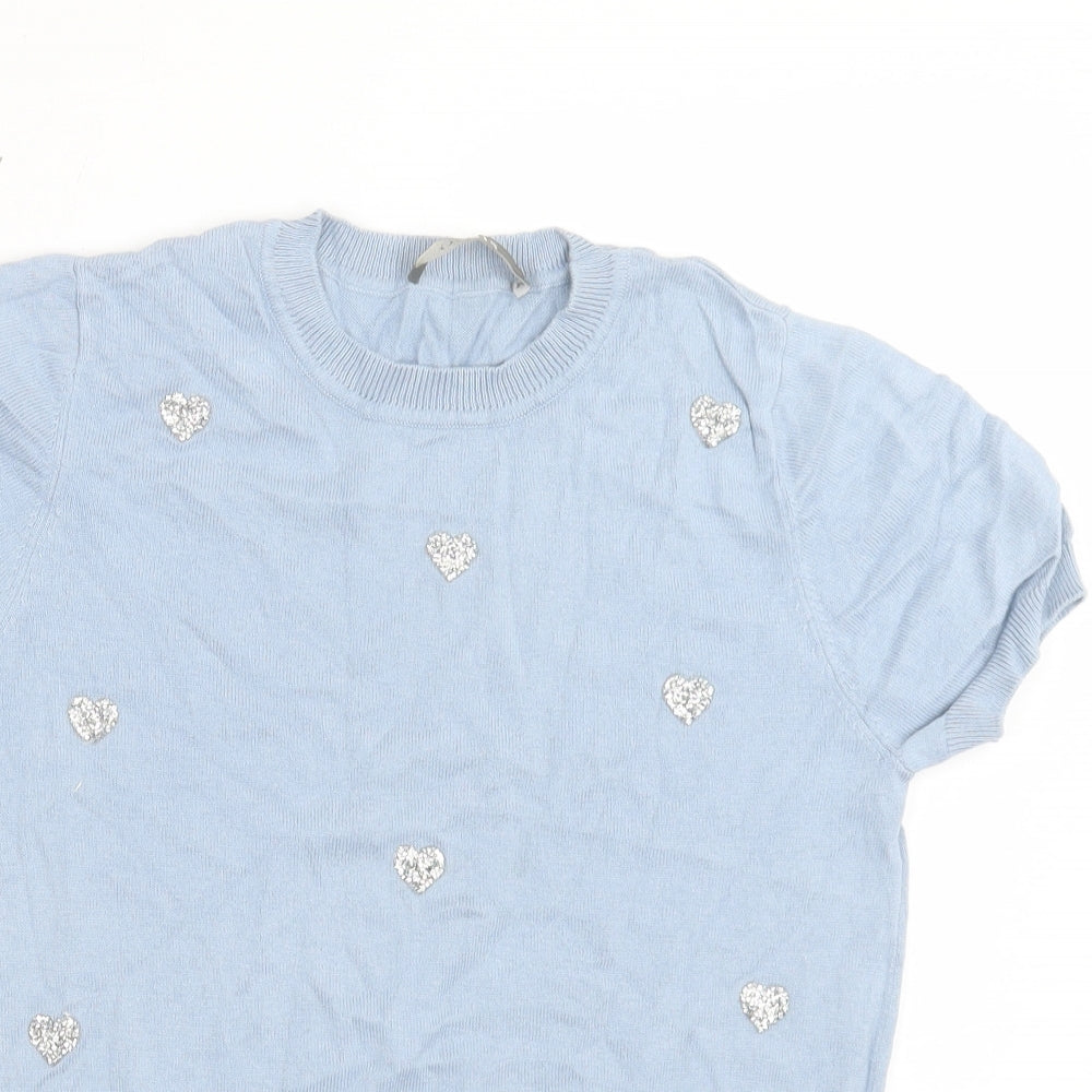 Oasis Womens Blue Geometric Cotton Basic T-Shirt Size S Crew Neck