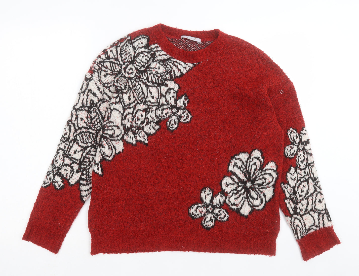 Marks and Spencer Womens Red Crew Neck Floral Acrylic Pullover Jumper Size S
