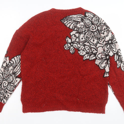 Marks and Spencer Womens Red Crew Neck Floral Acrylic Pullover Jumper Size S