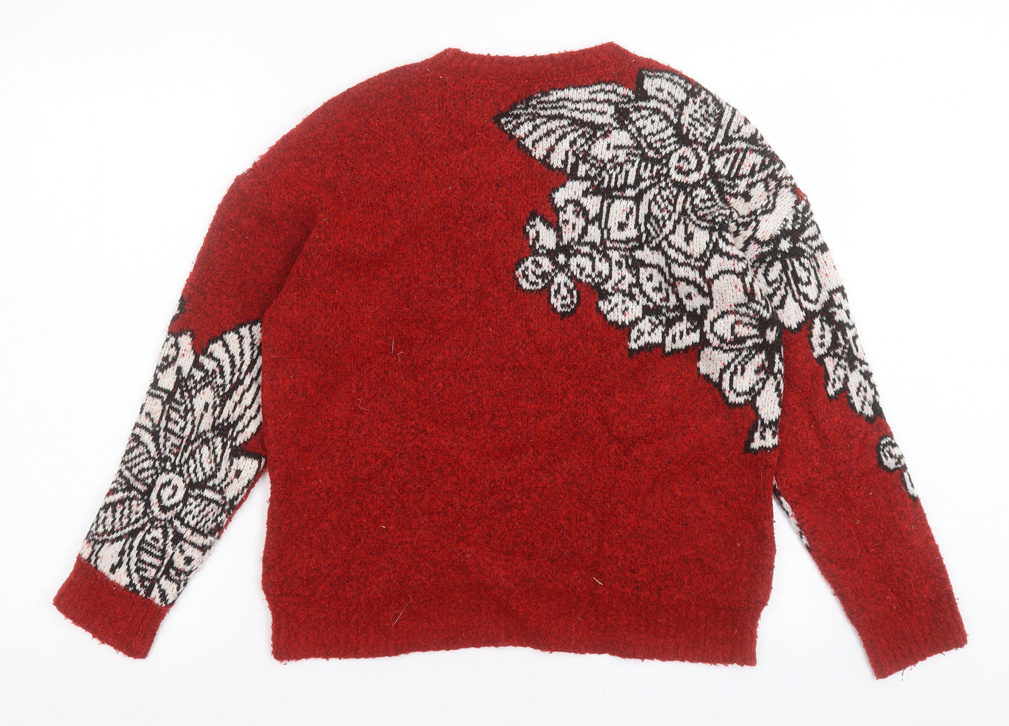 Marks and Spencer Womens Red Crew Neck Floral Acrylic Pullover Jumper Size S