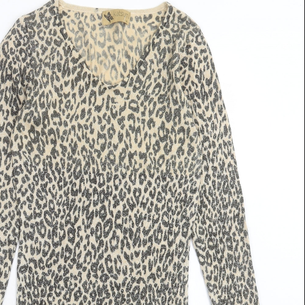 Katsumi Womens Brown Animal Print Polyester Jumper Dress Size S V-Neck Pullover