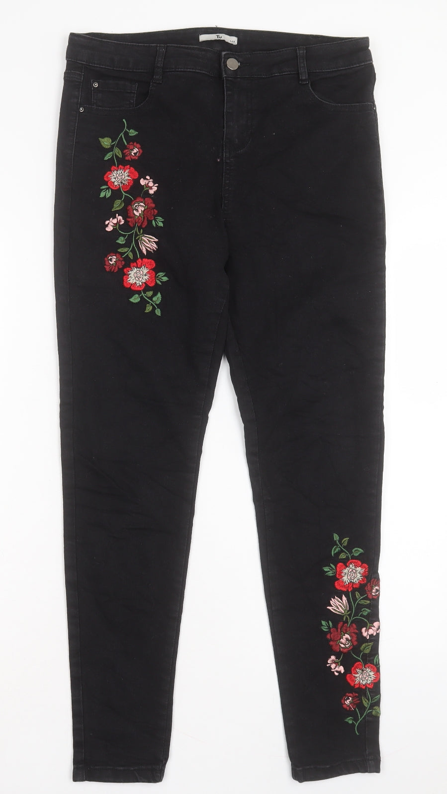 TU Womens Black Fair Isle Cotton Skinny Jeans Size 14 L28 in Regular Button