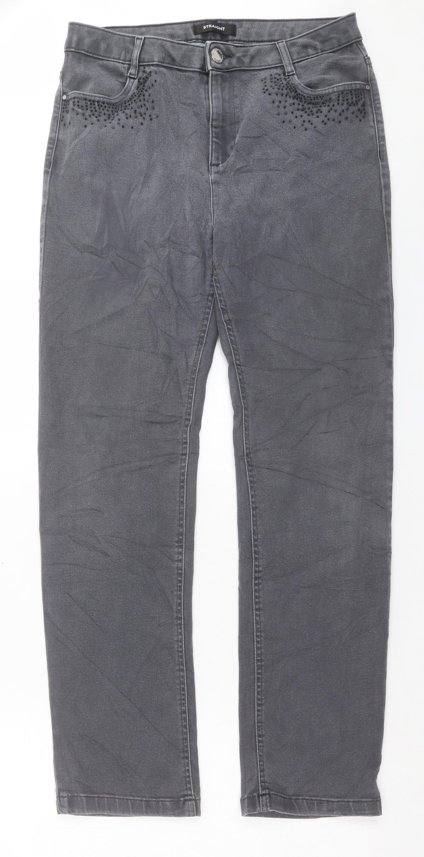 Marks and Spencer Womens Grey Cotton Straight Jeans Size 14 L30 in Regular Button