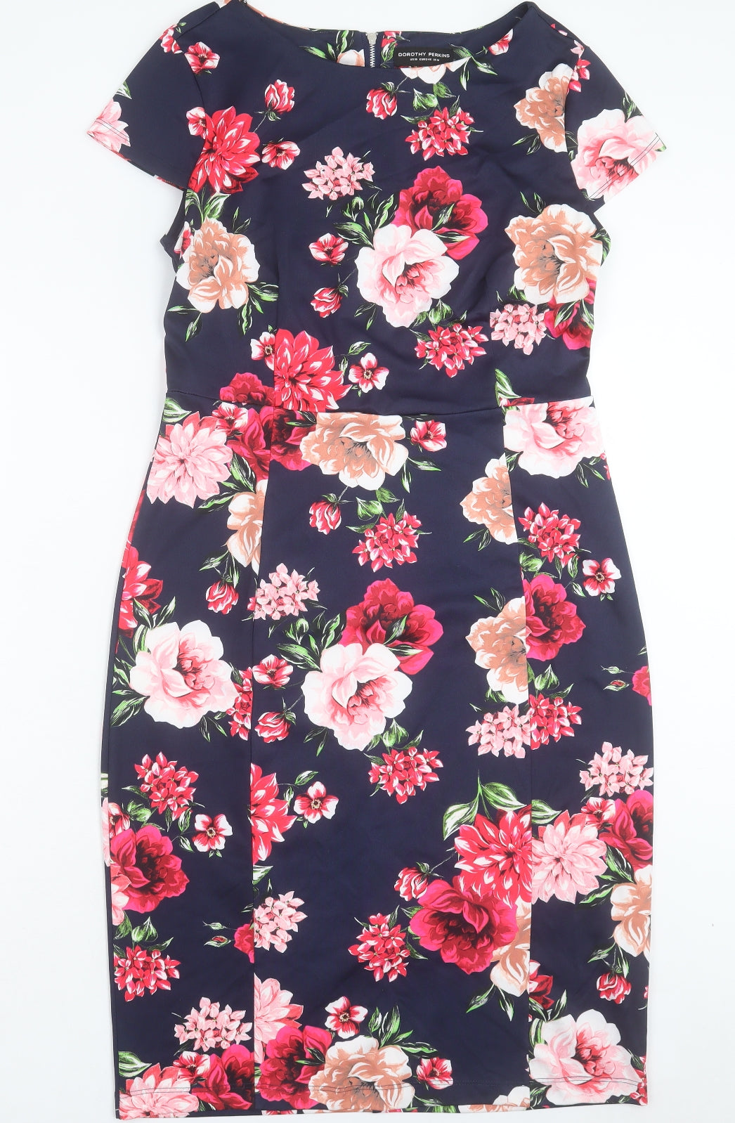 Dorothy Perkins Womens Blue Floral Polyester Shift Size 14 Boat Neck Zip