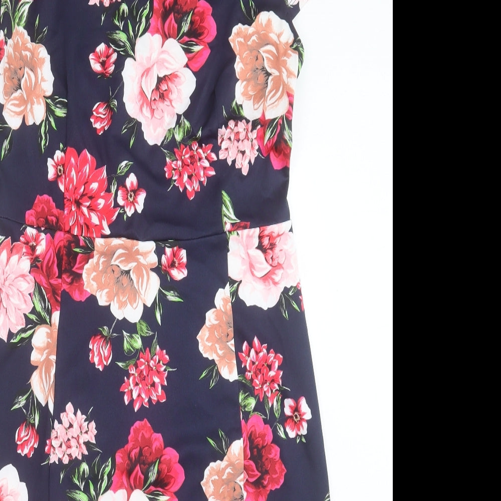 Dorothy Perkins Womens Blue Floral Polyester Shift Size 14 Boat Neck Zip
