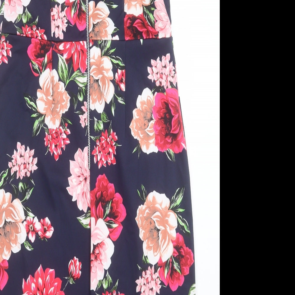 Dorothy Perkins Womens Blue Floral Polyester Shift Size 14 Boat Neck Zip