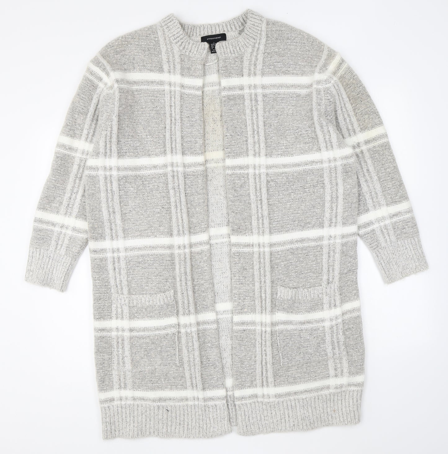 Atmosphere Womens Grey V-Neck Plaid Acrylic Cardigan Jumper Size L