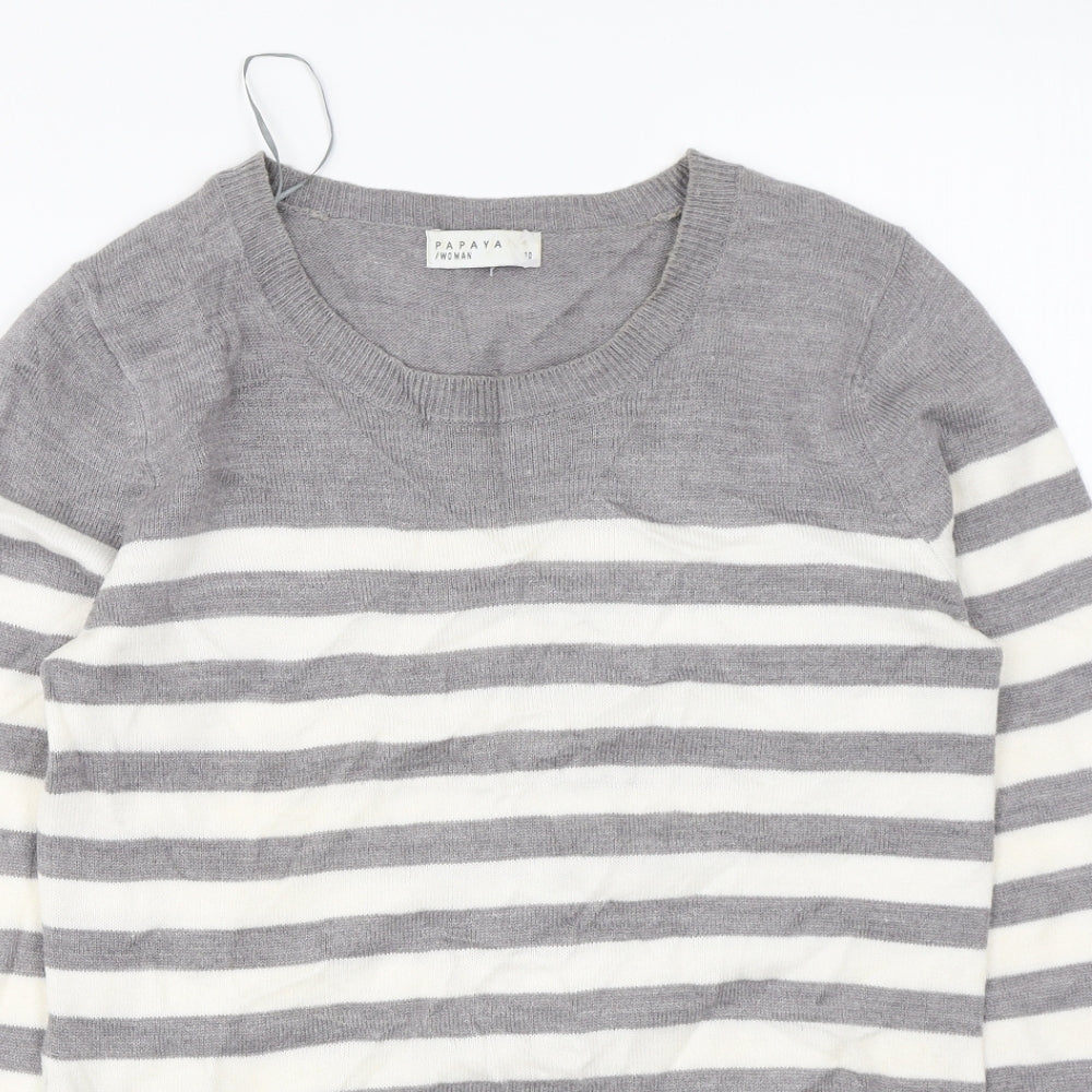 Papaya Womens Grey Round Neck Striped Acrylic Pullover Jumper Size 10