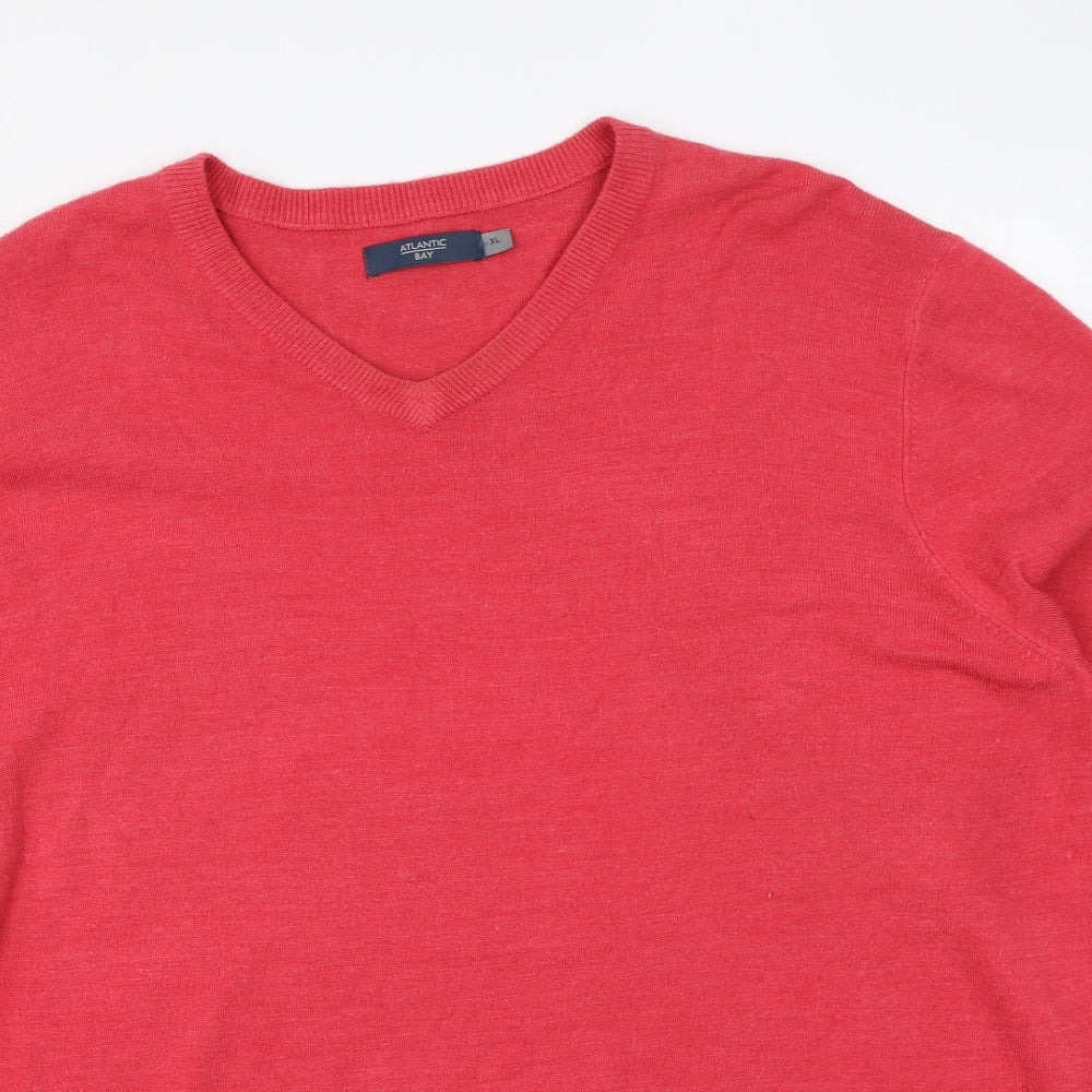 Atlantic Bay Mens Red V-Neck Acrylic Pullover Jumper Size XL