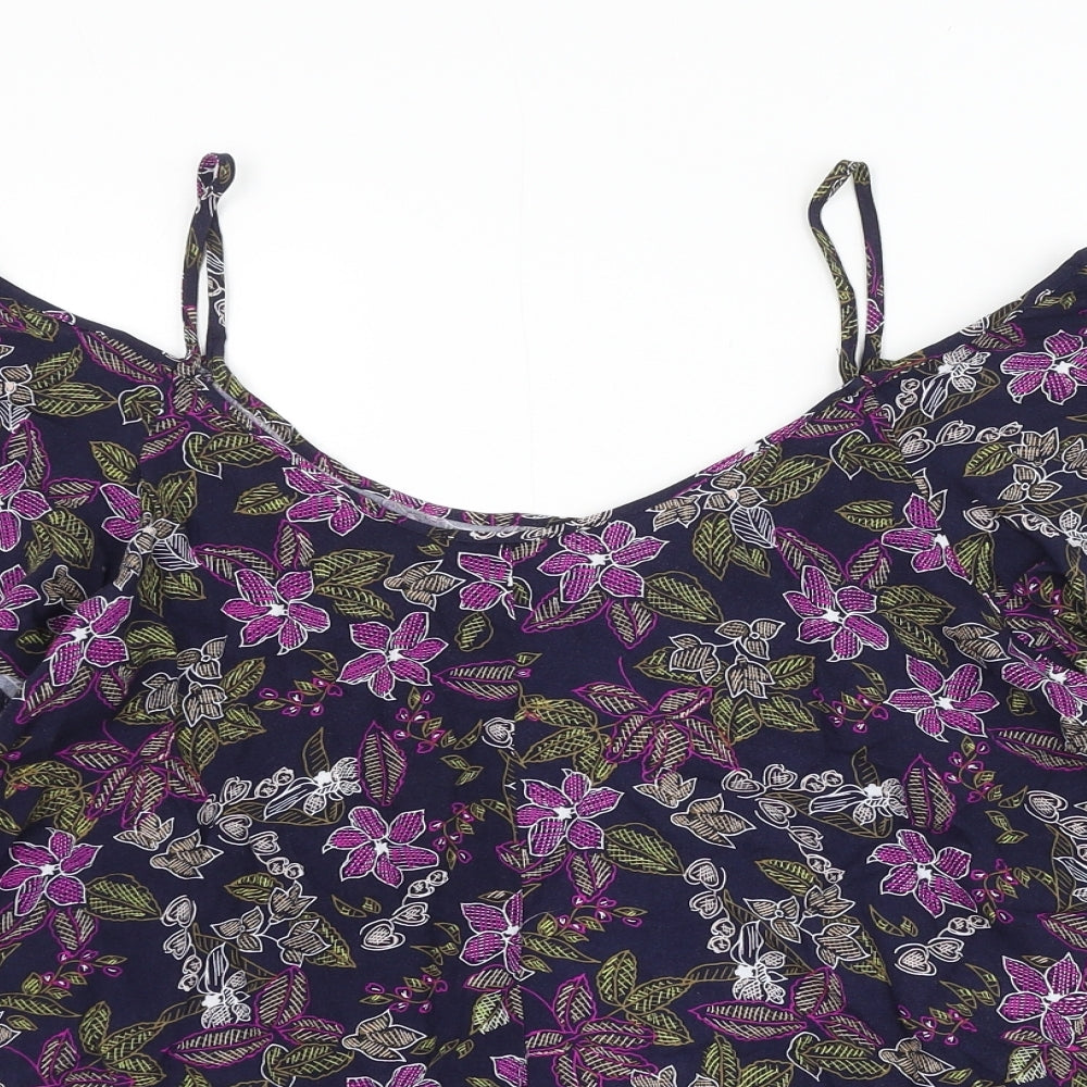 Matalan Womens Purple Floral Viscose Basic Blouse Size 16 Round Neck - Cold Shoulder