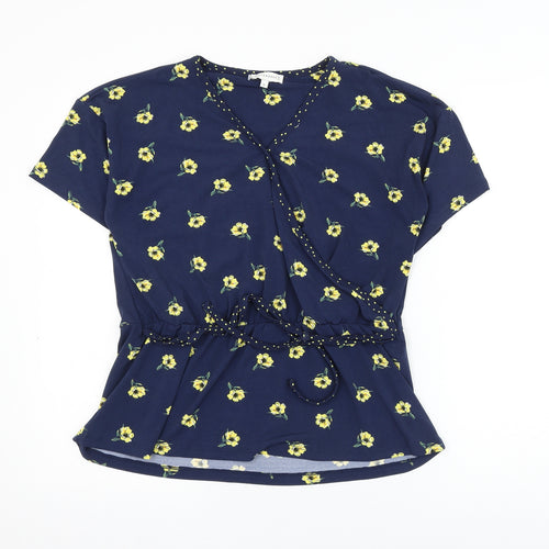 Warehouse Womens Blue Floral Polyester Wrap Blouse Size 12 V-Neck