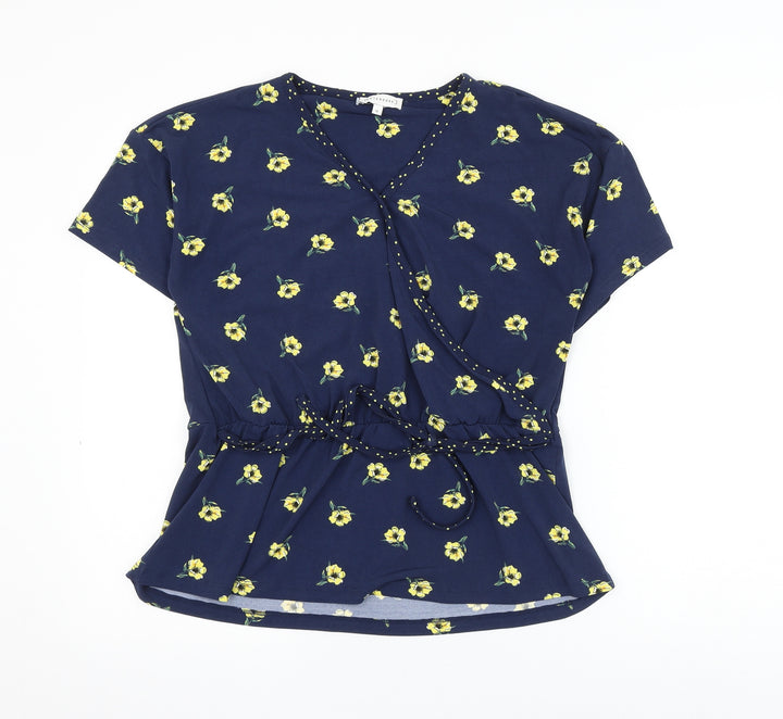 Warehouse Womens Blue Floral Polyester Wrap Blouse Size 12 V-Neck