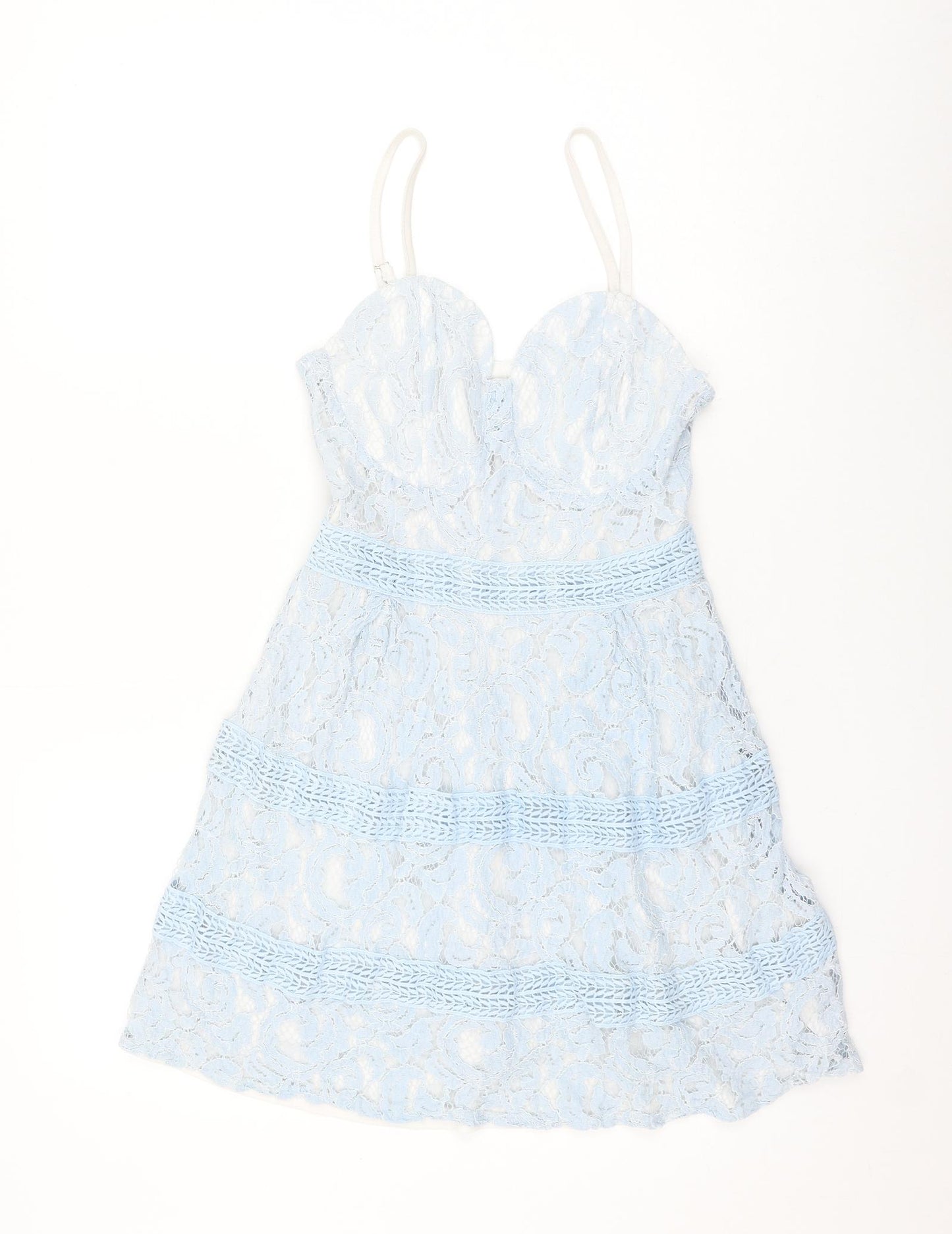 Boohoo Womens Blue Geometric Polyamide A-Line Size 8 Sweetheart Zip