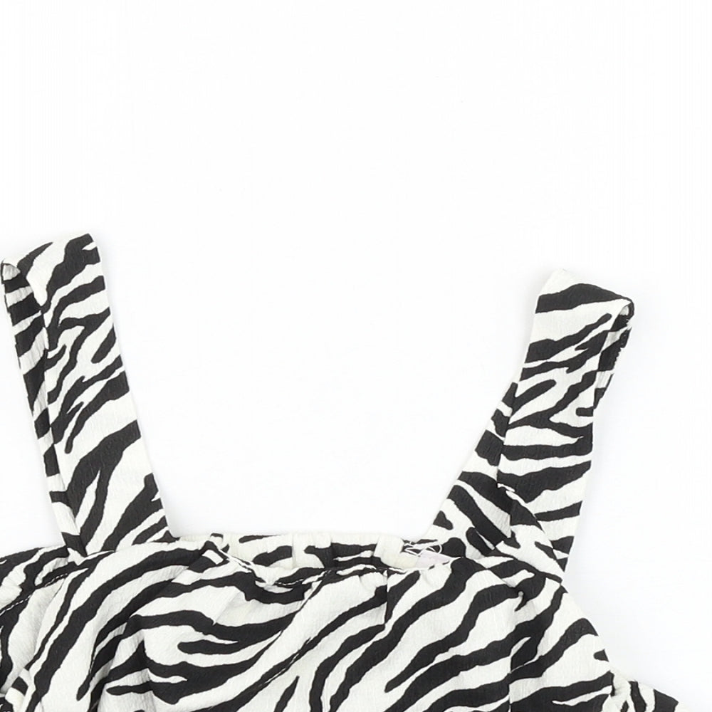 Zara Girls White Animal Print Polyester Cropped Tank Size 11-12 Years Square Neck Pullover - Zebra Print