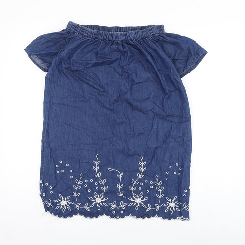 Miss Evie Girls Blue Floral Cotton Shift Size 11-12 Years Off the Shoulder Pullover