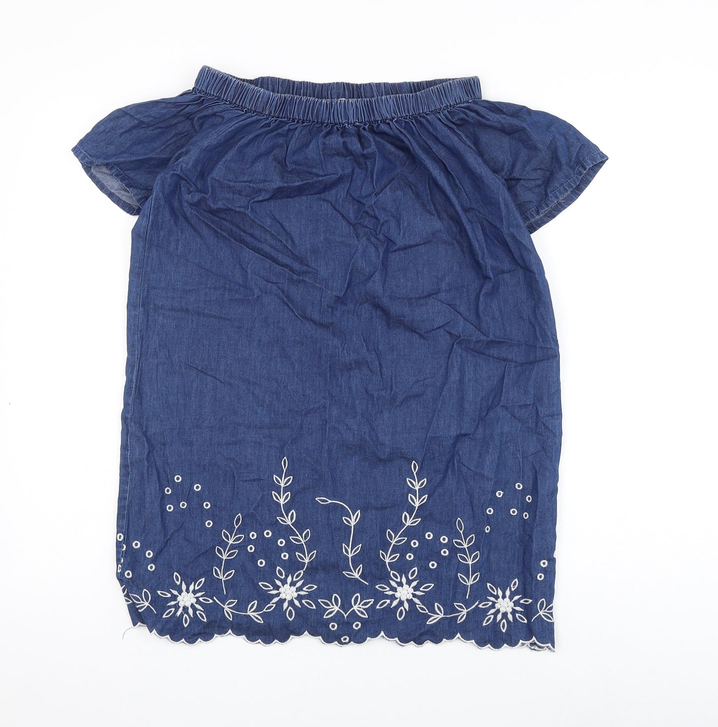 Miss Evie Girls Blue Floral Cotton Shift Size 11-12 Years Off the Shoulder Pullover