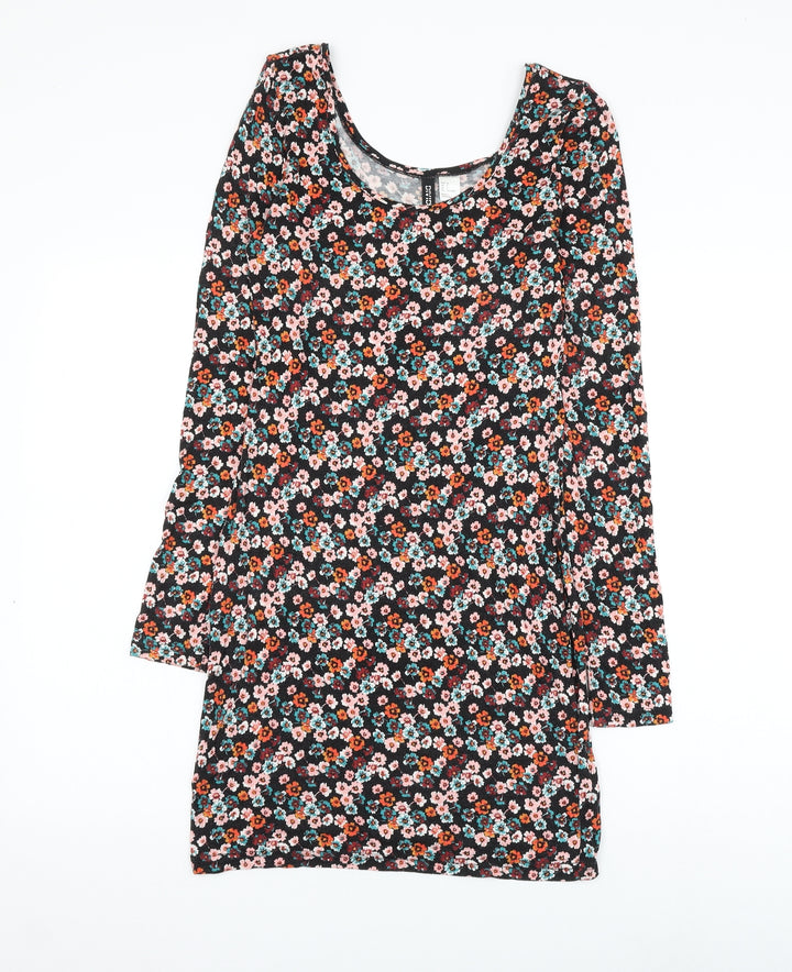 H&M Womens Blue Floral Viscose Pencil Dress Size 8 Scoop Neck Pullover