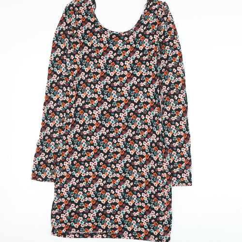 H&M Womens Blue Floral Viscose Pencil Dress Size 8 Scoop Neck Pullover
