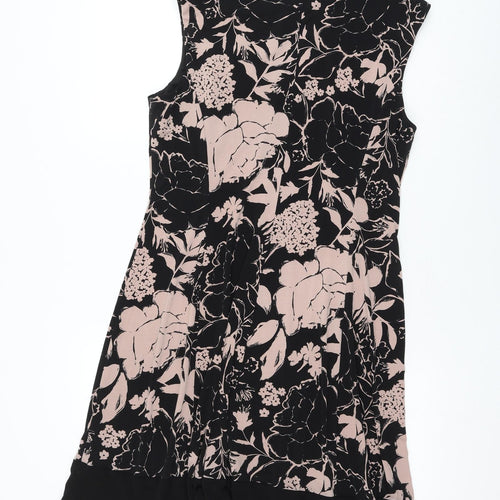 Connected Apparel Womens Black Floral Polyester Skater Dress Size 16 Round Neck Pullover