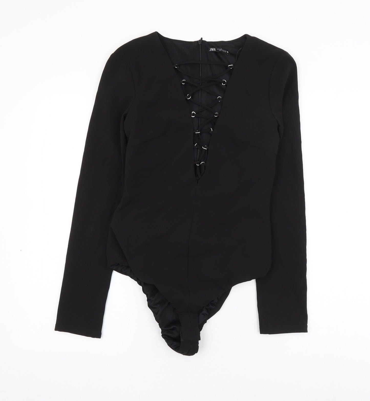 Zara Womens Black Polyester Bodysuit One-Piece Size S Zip - Lace Up