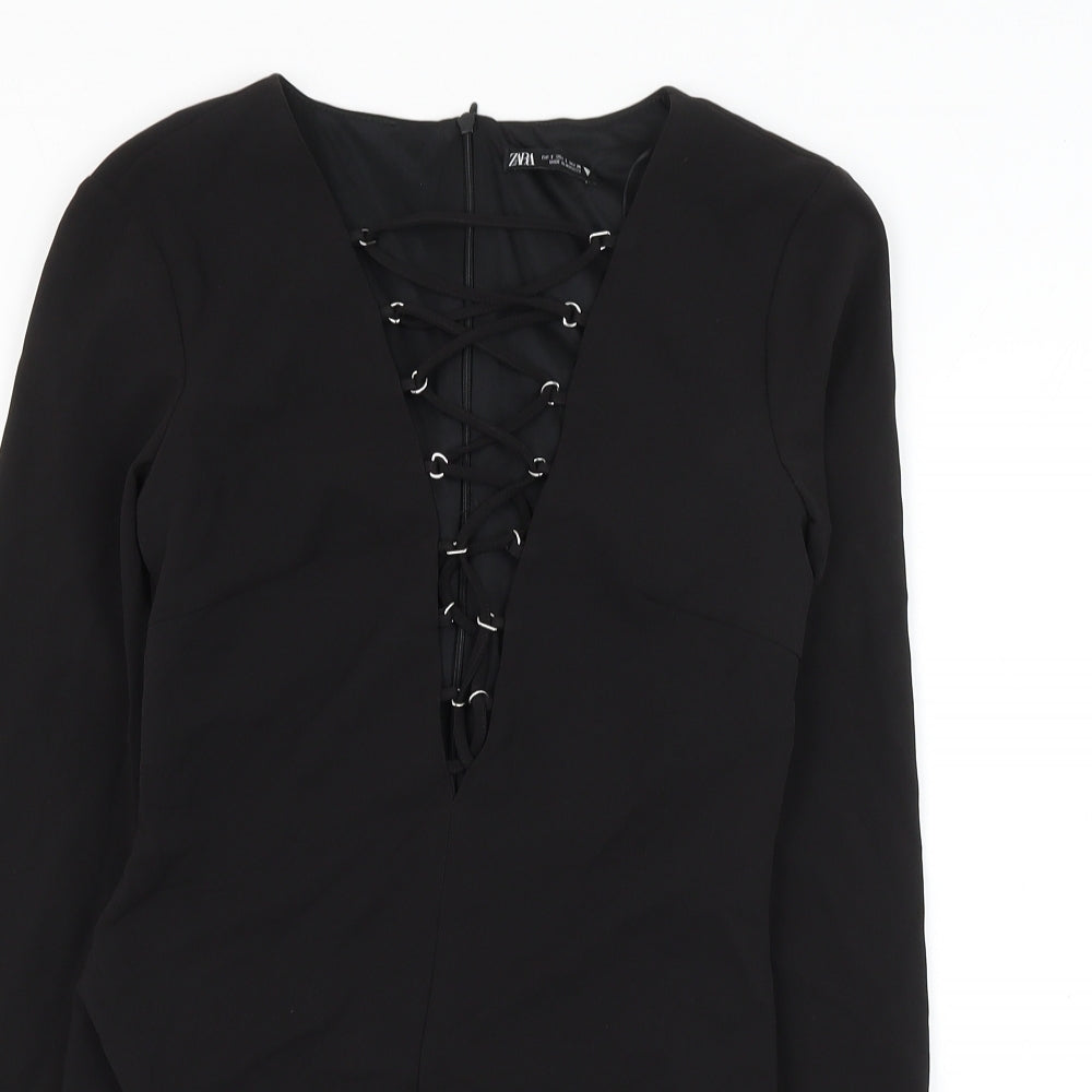 Zara Womens Black Polyester Bodysuit One-Piece Size S Zip - Lace Up