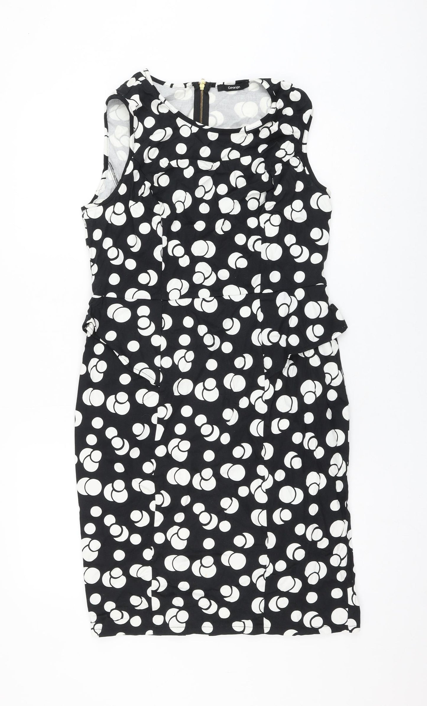 George Womens Black Polka Dot Cotton Shift Size 14 Round Neck Zip