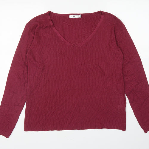 IPRETTY Womens Red V-Neck Polyester Pullover Jumper Size XL