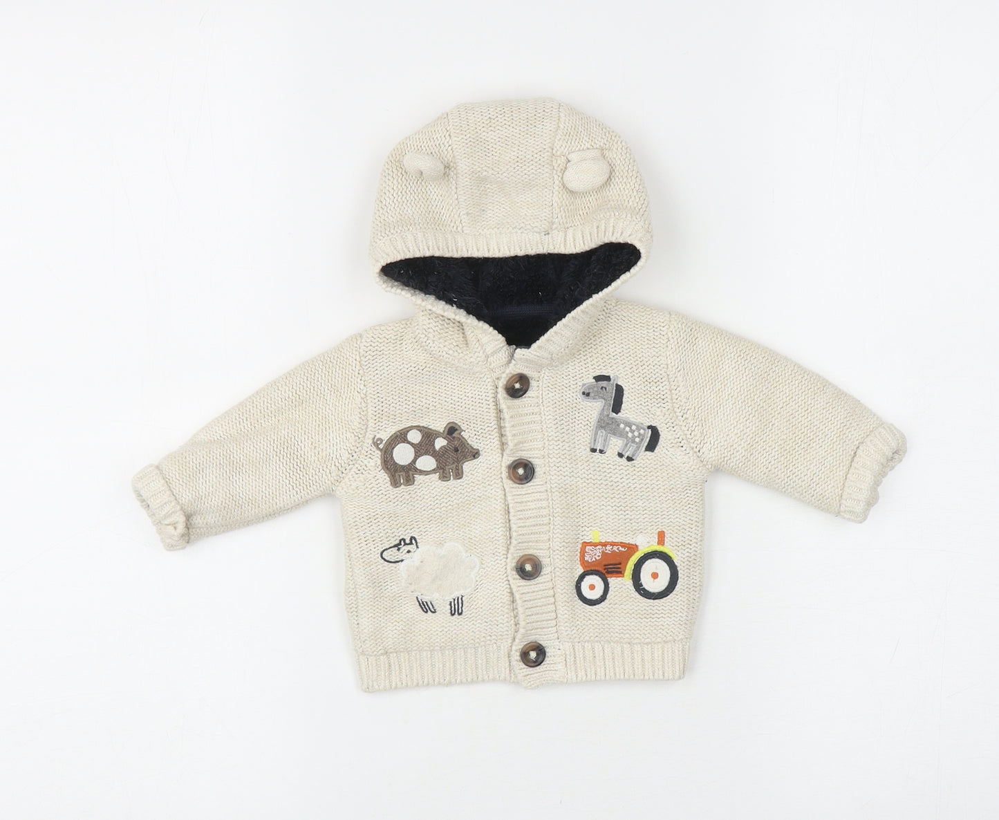 Nutmeg Baby Beige Basic Jacket Coatigan Size 0-3 Months Button - Farm Animals