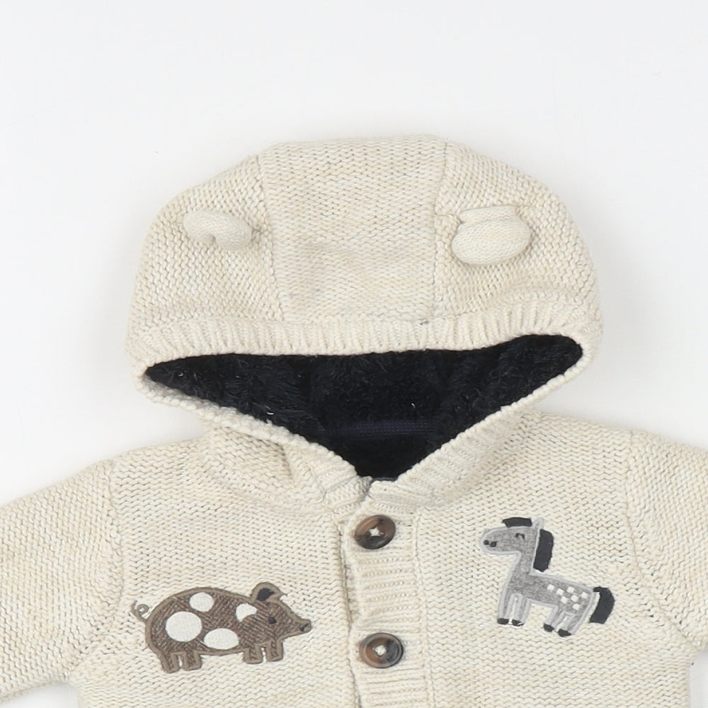 Nutmeg Baby Beige Basic Jacket Coatigan Size 0-3 Months Button - Farm Animals