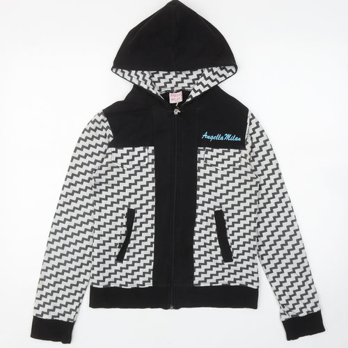 Angelle Milan Womens Black Geometric Cotton Full Zip Hoodie Size S Zip