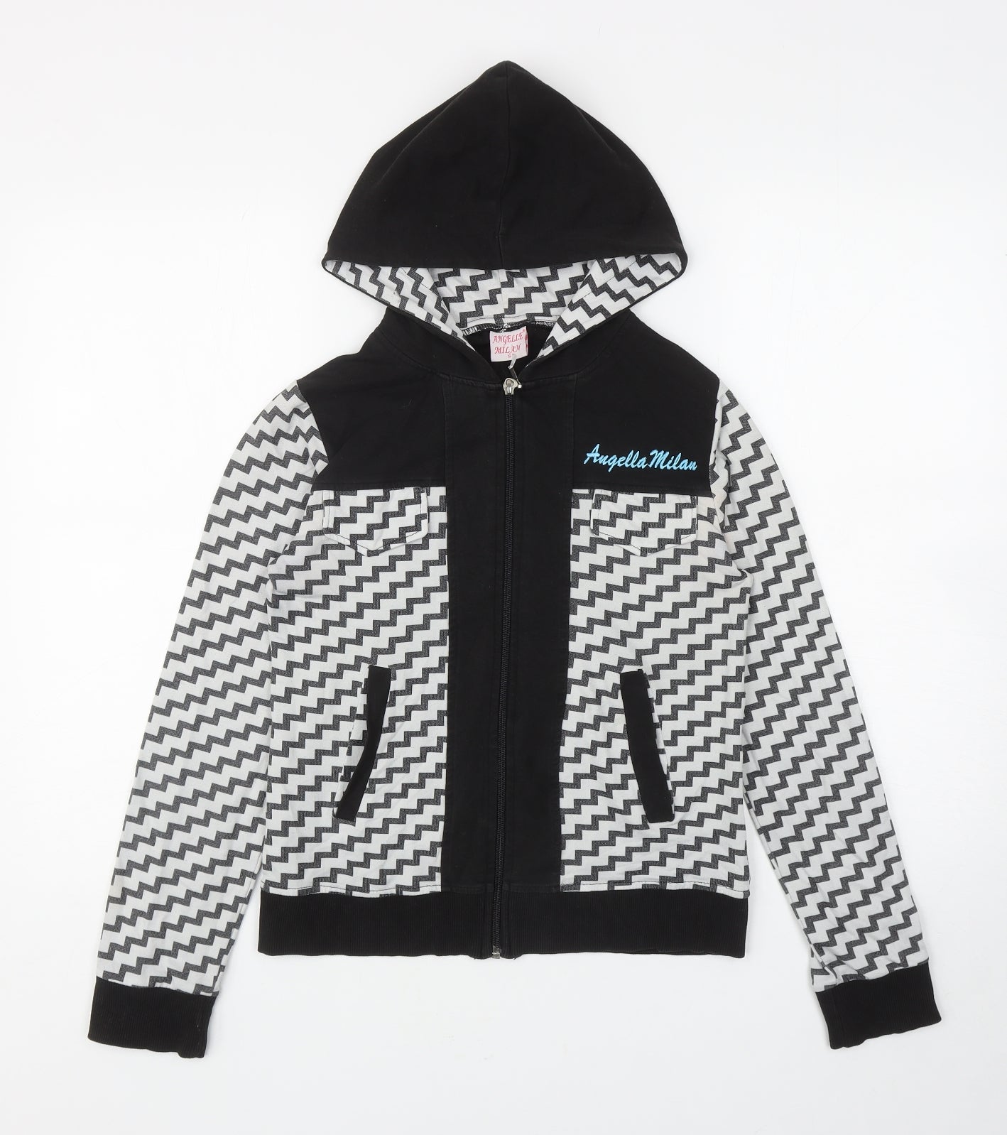 Angelle Milan Womens Black Geometric Cotton Full Zip Hoodie Size S Zip