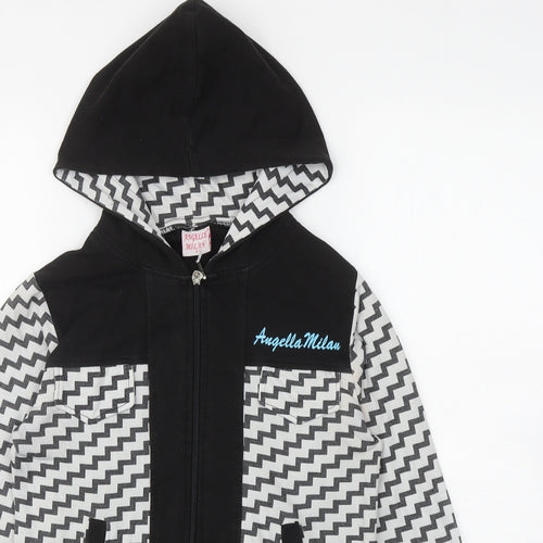 Angelle Milan Womens Black Geometric Cotton Full Zip Hoodie Size S Zip