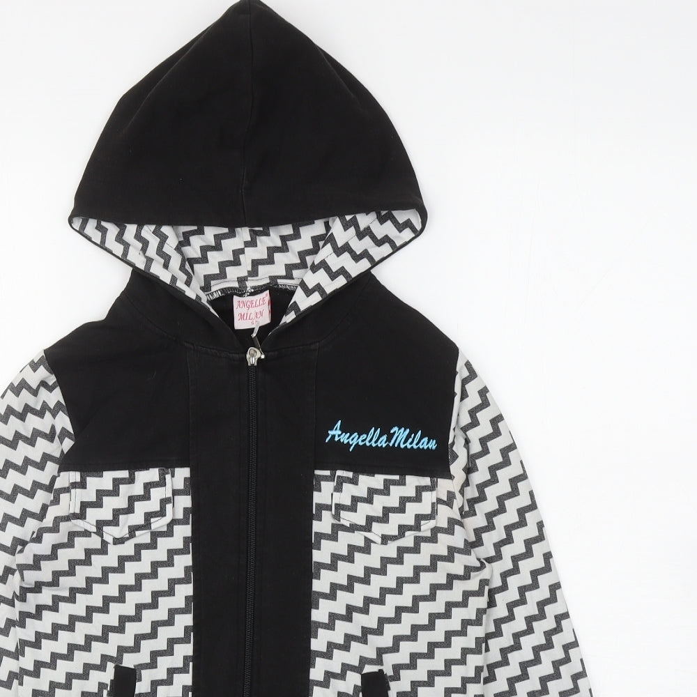 Angelle Milan Womens Black Geometric Cotton Full Zip Hoodie Size S Zip