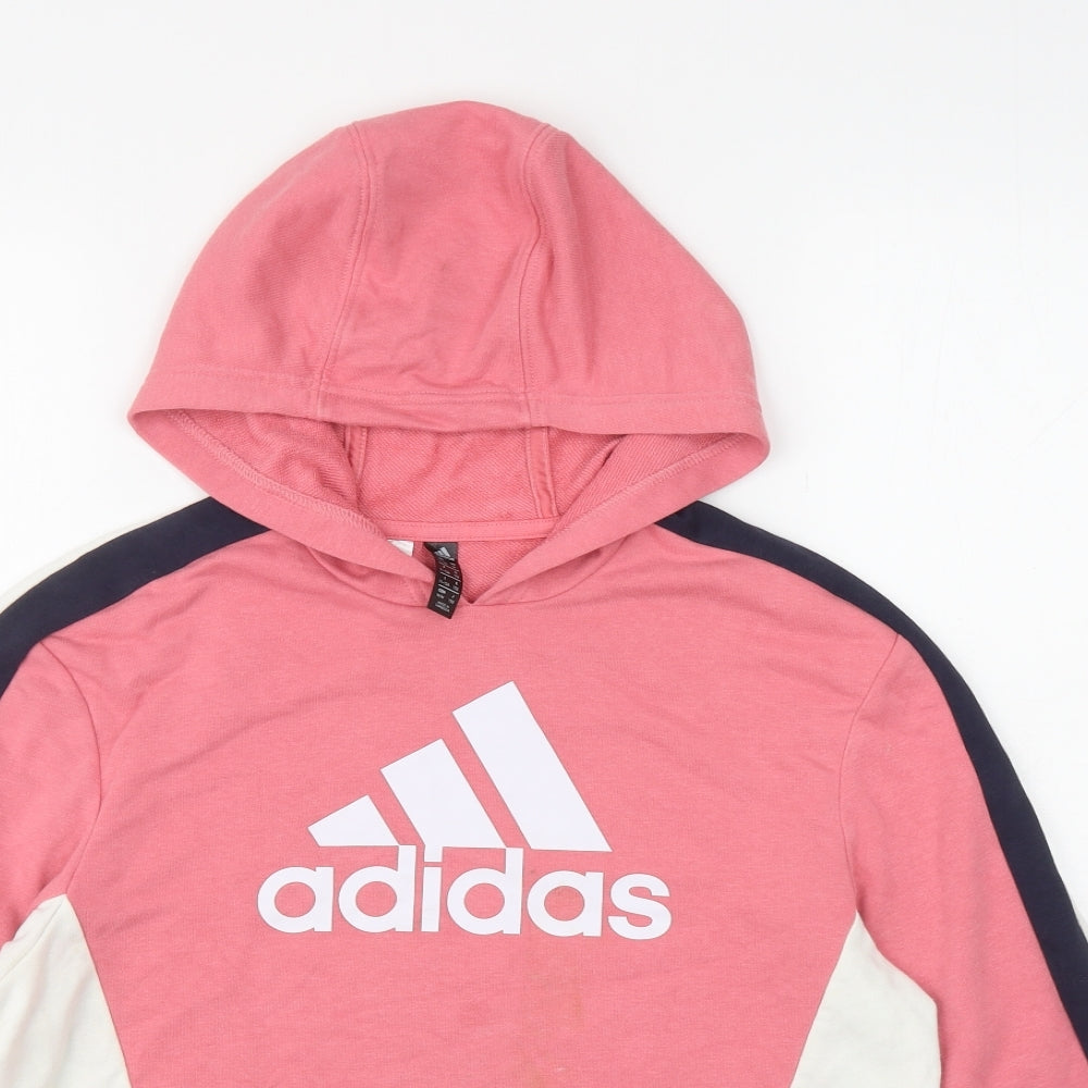 adidas Girls Pink Colourblock Cotton Pullover Hoodie Size 11-12 Years Pullover - Cropped