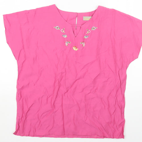Daxon Womens Pink Floral Viscose Basic T-Shirt Size 14 Round Neck