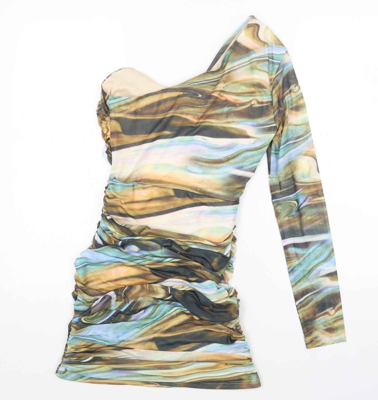 PRETTYLITTLETHING Womens Multicoloured Geometric Polyester Bodycon Size 8 Off the Shoulder Zip