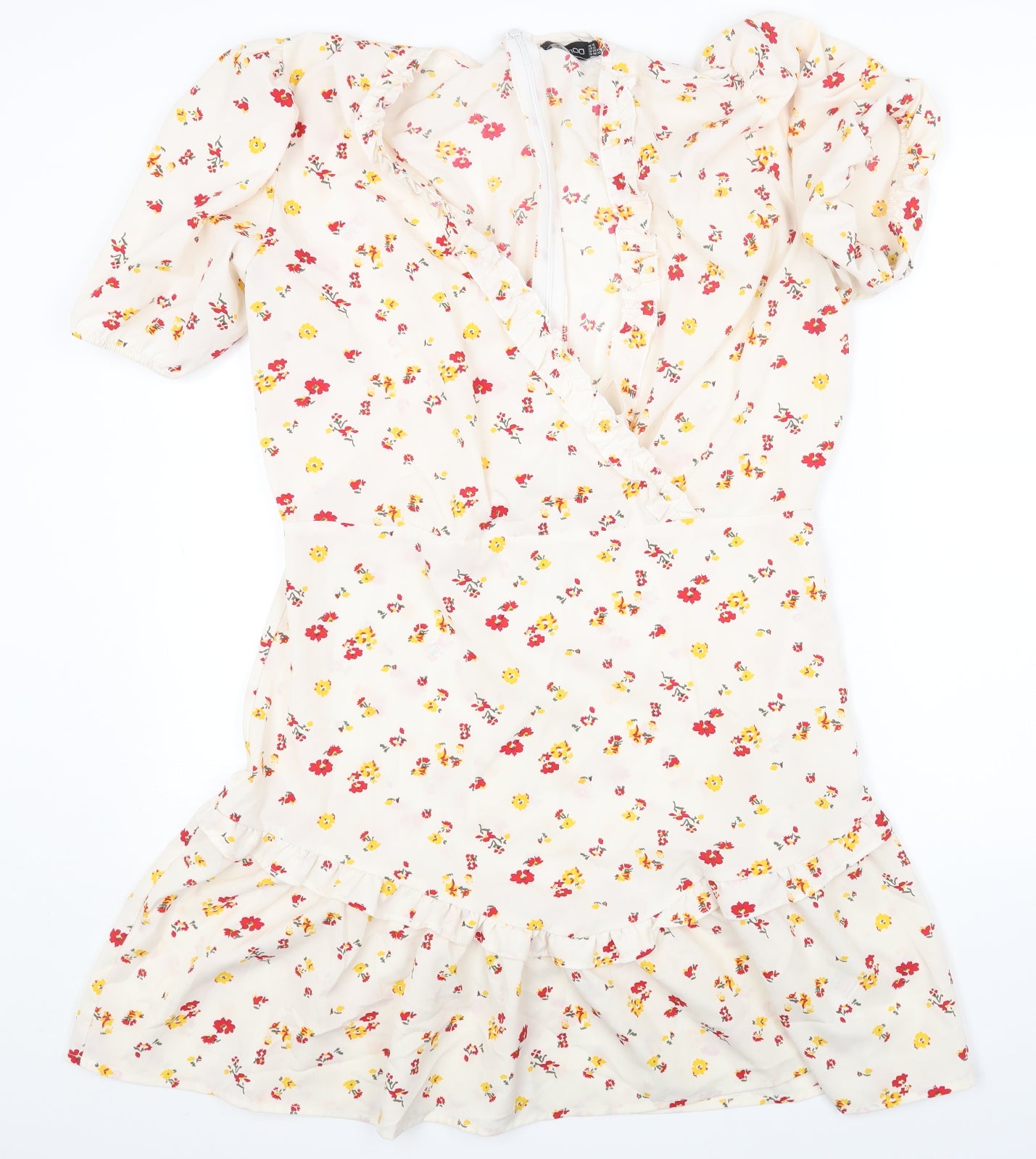 Boohoo Womens White Floral Polyester Fit & Flare Size 16 V-Neck Zip