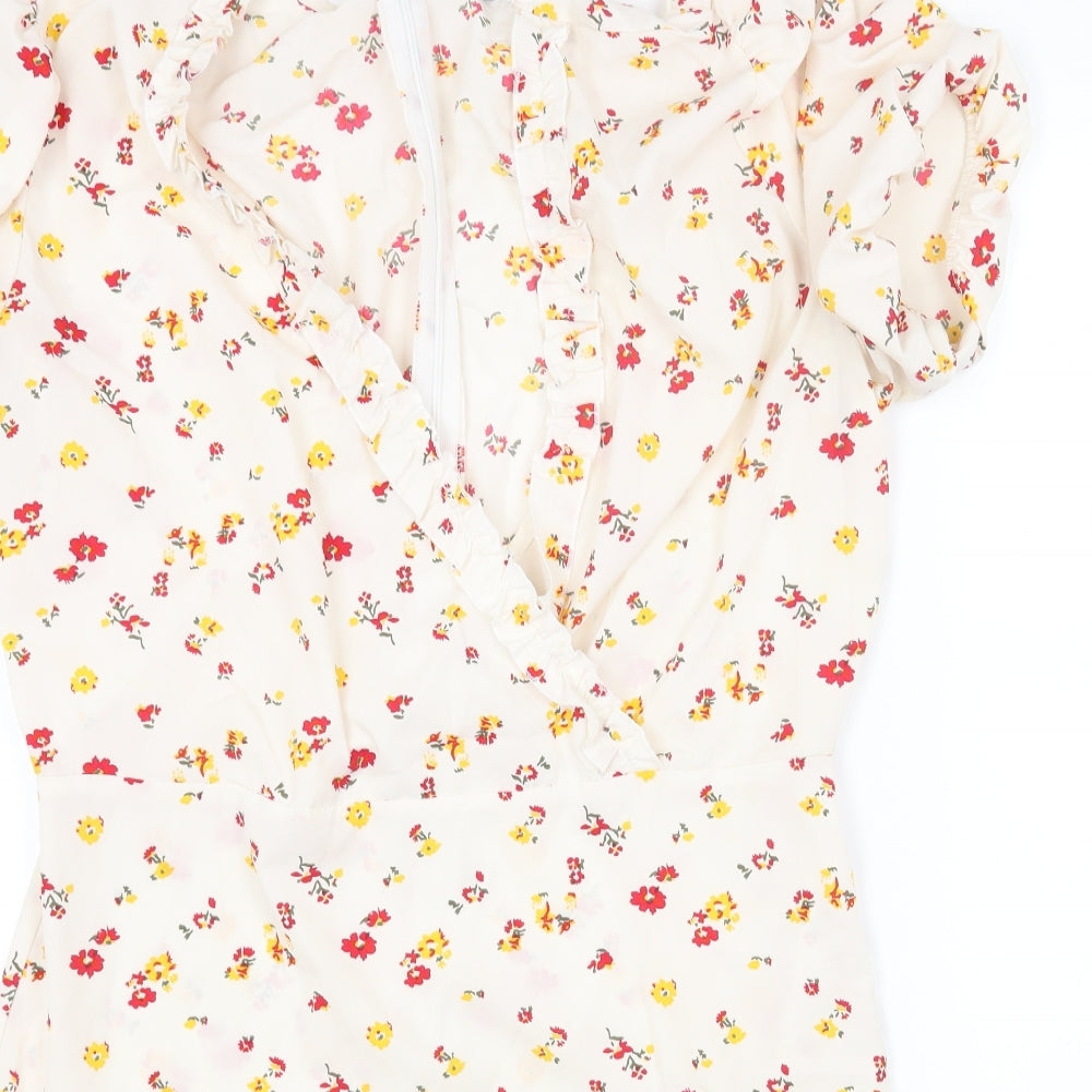 Boohoo Womens White Floral Polyester Fit & Flare Size 16 V-Neck Zip