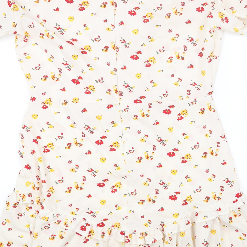 Boohoo Womens White Floral Polyester Fit & Flare Size 16 V-Neck Zip