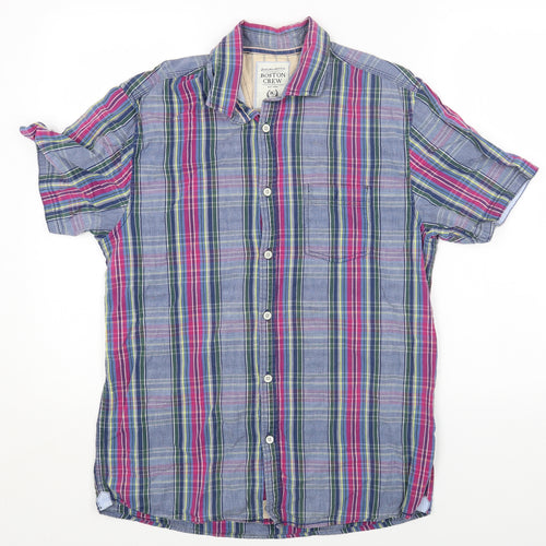 Boston Crew Mens Blue Striped Cotton Button-Up Size M Collared Button