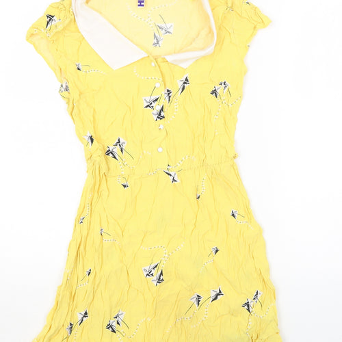 Henry Holland Womens Yellow Geometric Viscose Fit & Flare Size 10 Collared Button - Kite Print