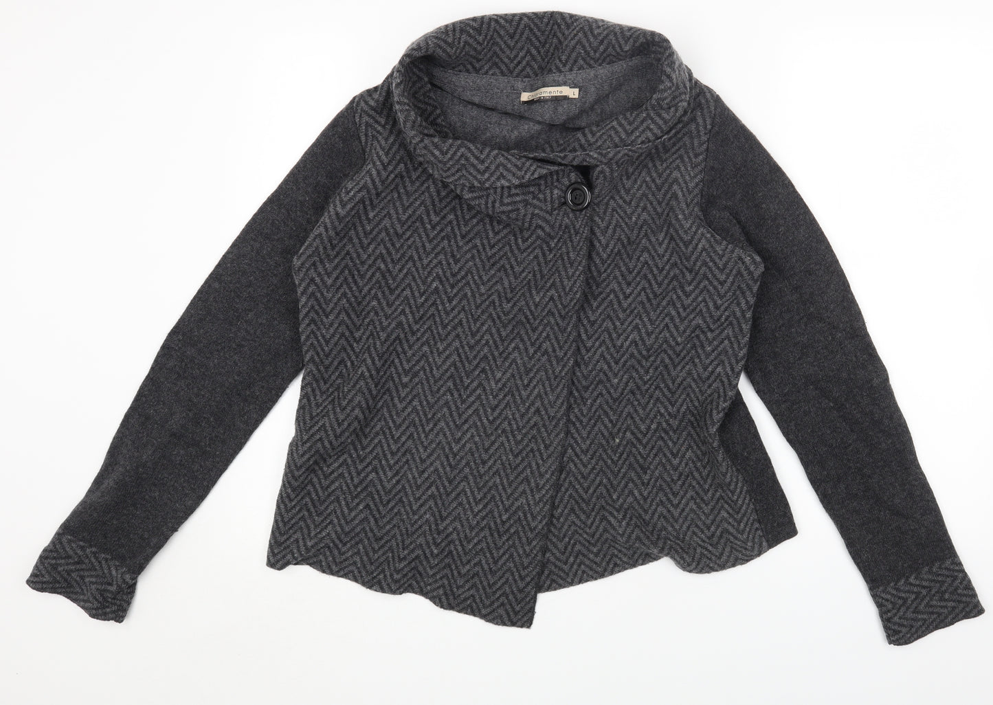 CHIARAMENTE Womens Grey Collared Geometric Wool Cardigan Jumper Size L
