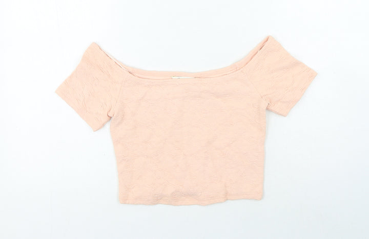 Miss Selfridge Womens Pink Geometric Cotton Cropped T-Shirt Size 10 Off the Shoulder