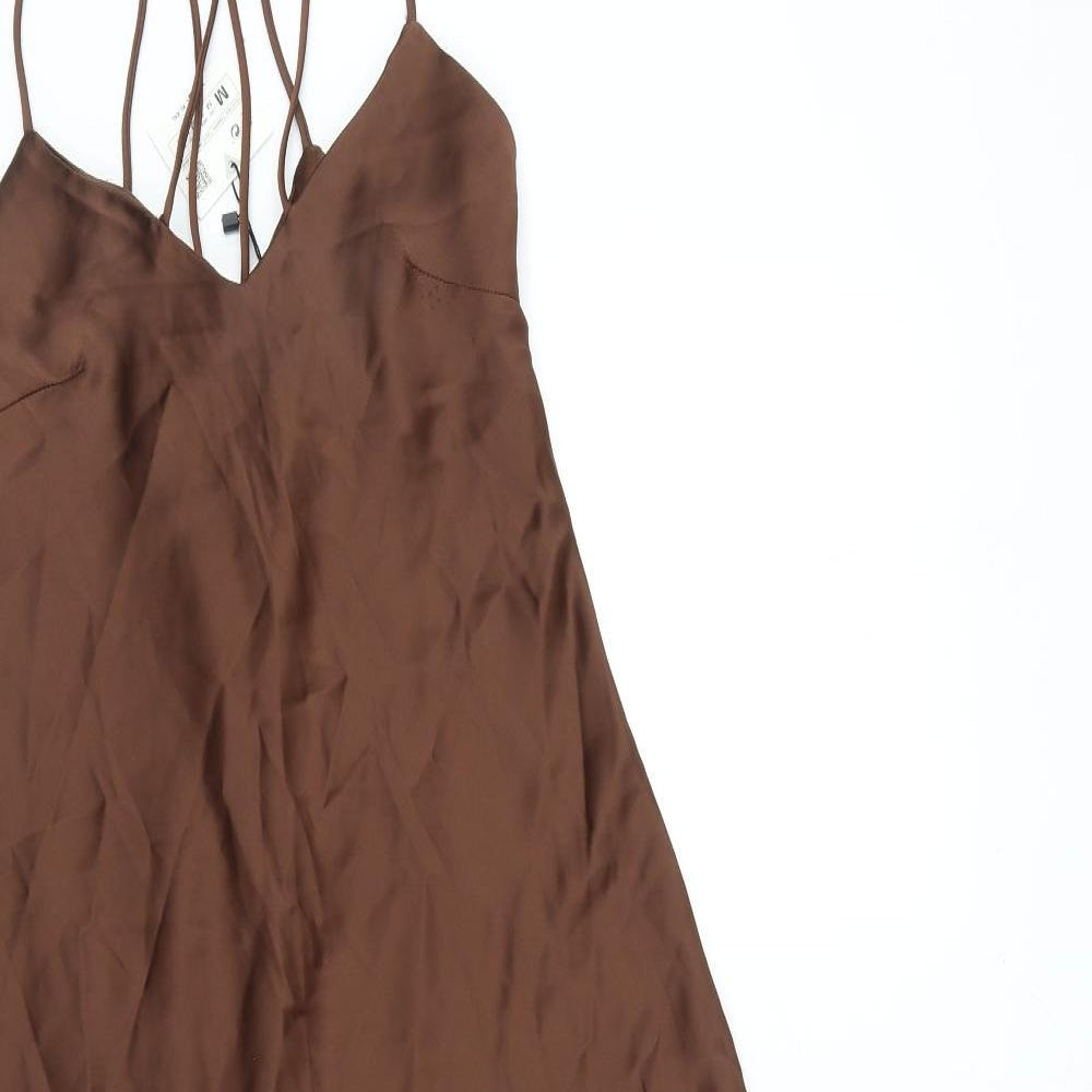 Zara Womens Brown Polyester Maxi Size M V-Neck Tie