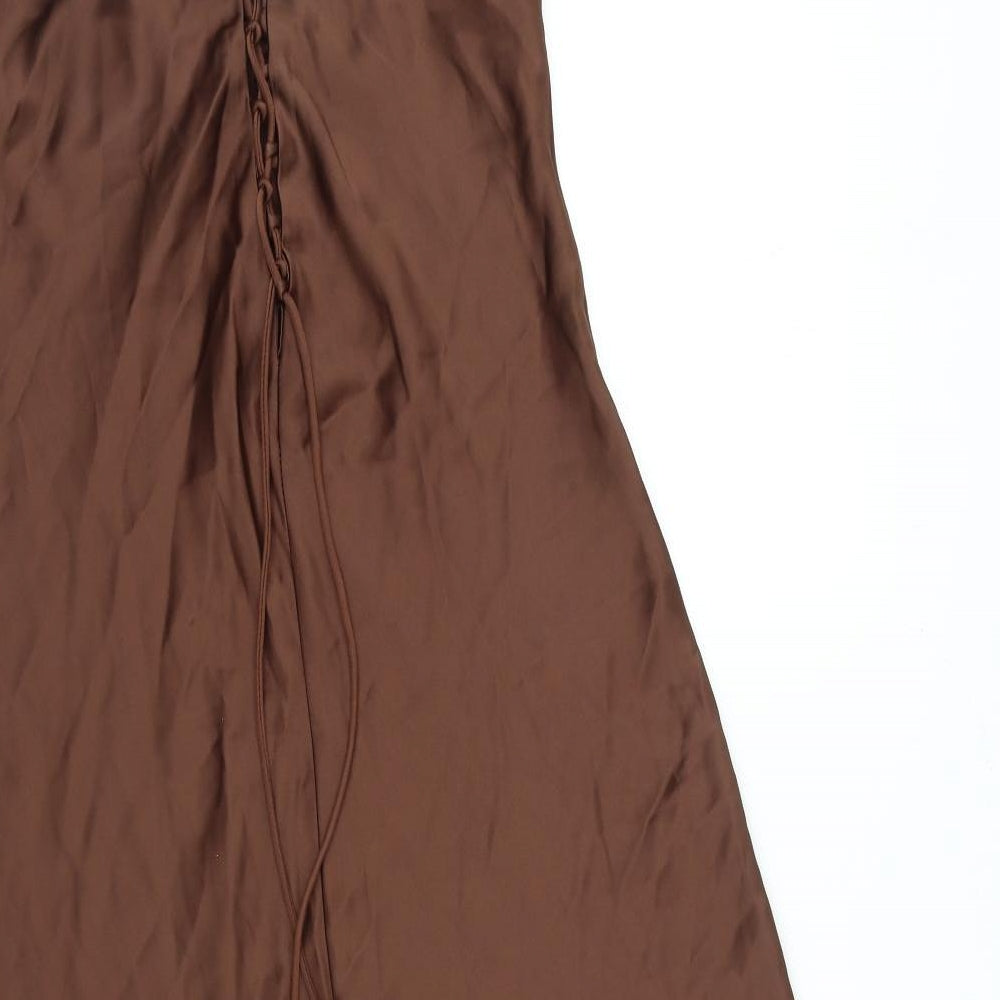Zara Womens Brown Polyester Maxi Size M V-Neck Tie