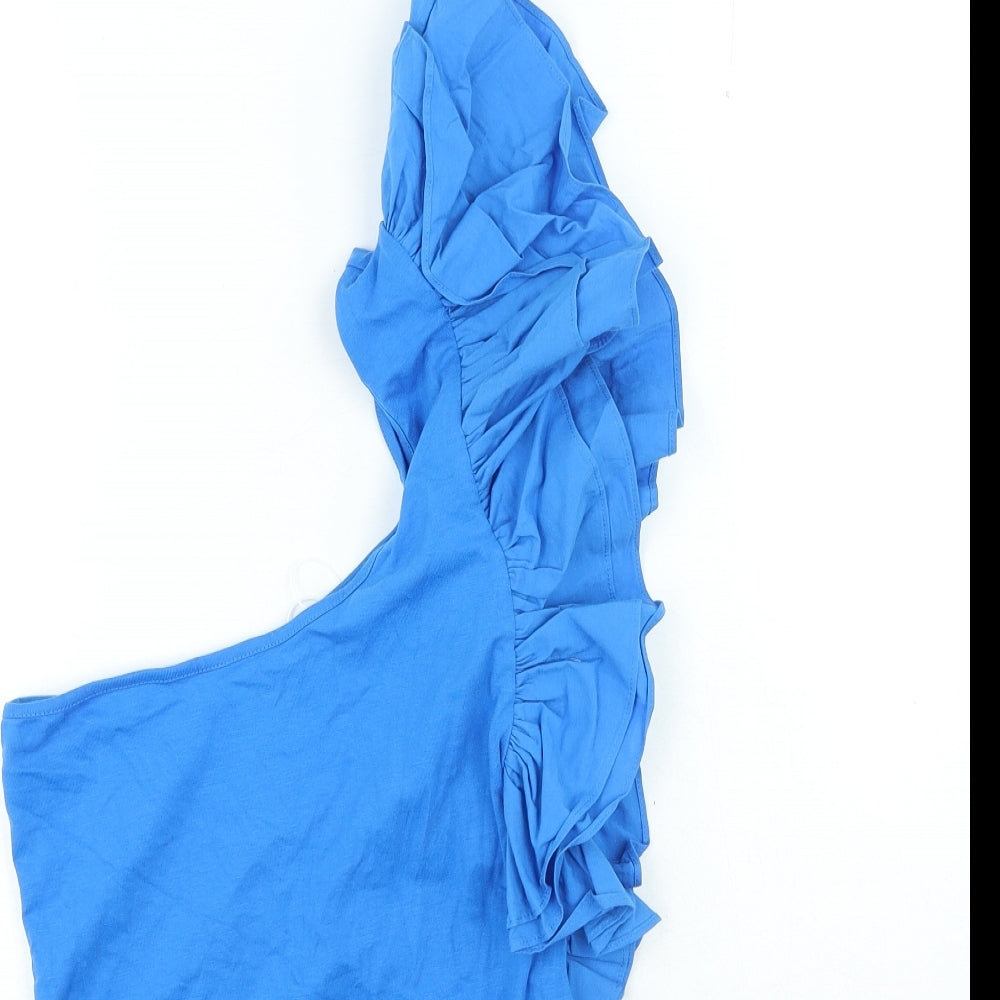 Zara Womens Blue Cotton Playsuit One-Piece Size M Snap - Ruffle